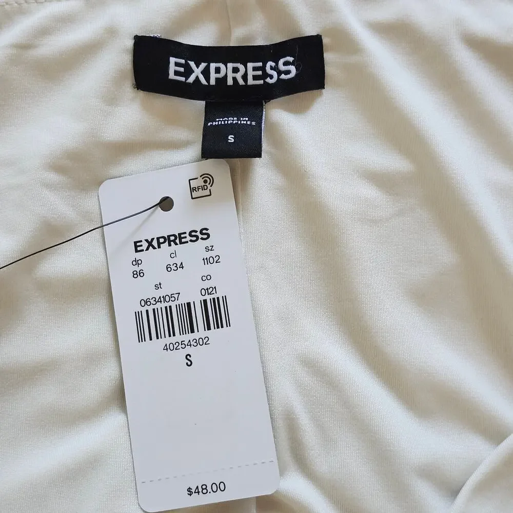 Express Ivory Ruched Puff-Sleeve Top with Peplum Size Small - Picture 3 of 10